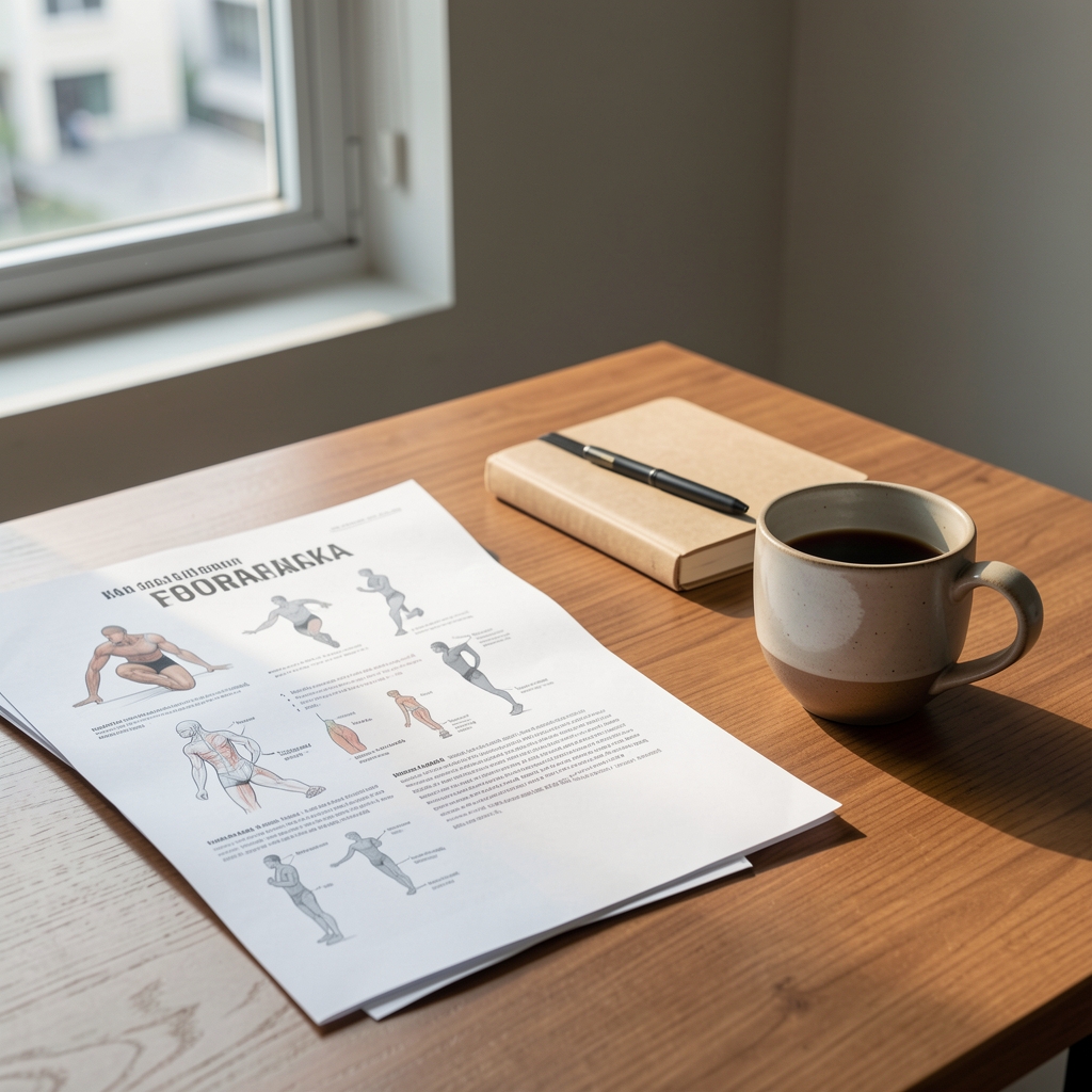 Quiet editorial desk with printed sports physiology papers, a notebook, and a ceramic coffee cup in Jakarta morning light