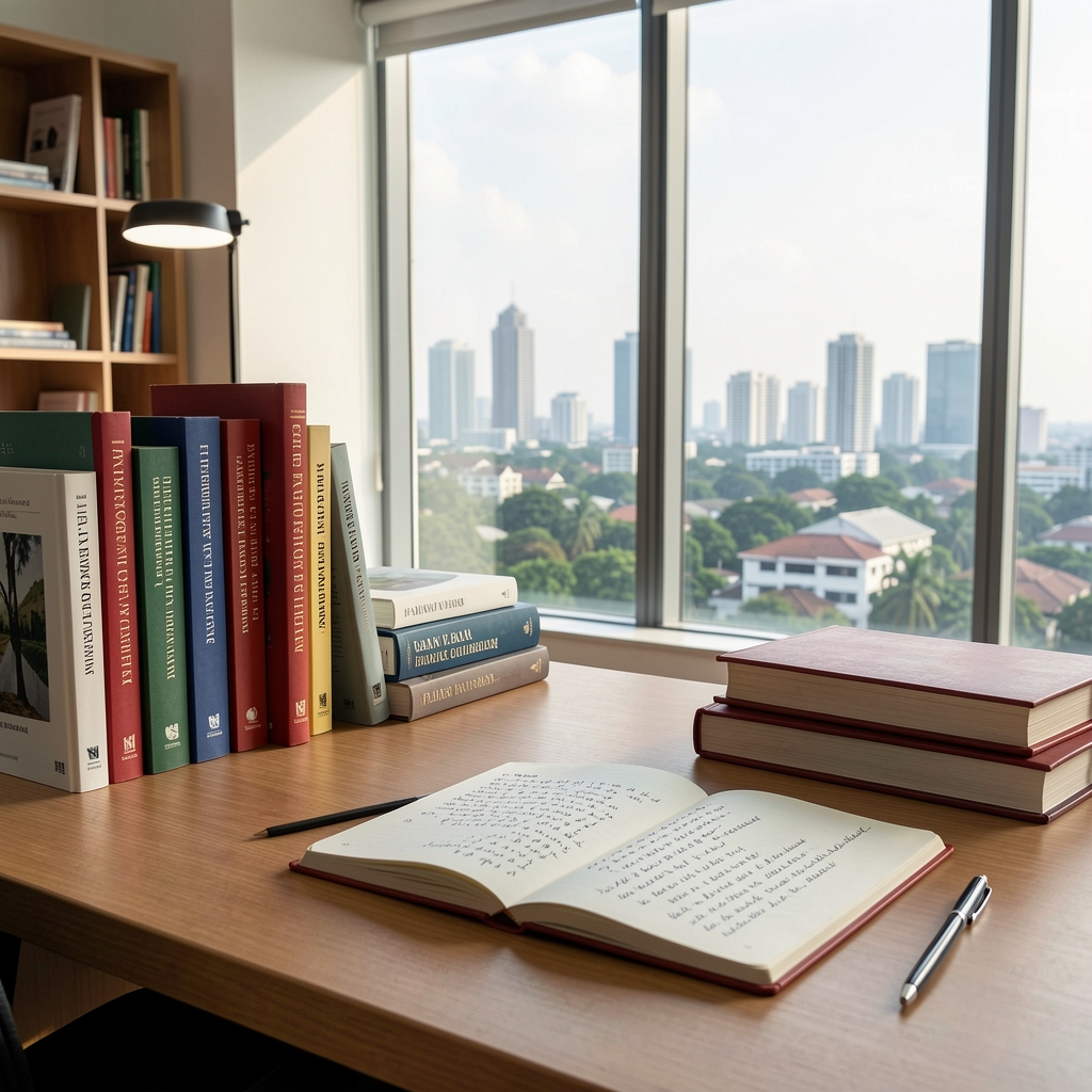 Prylan editorial workspace with research books, a handwritten training journal, and a calm view of Jakarta through a studio window