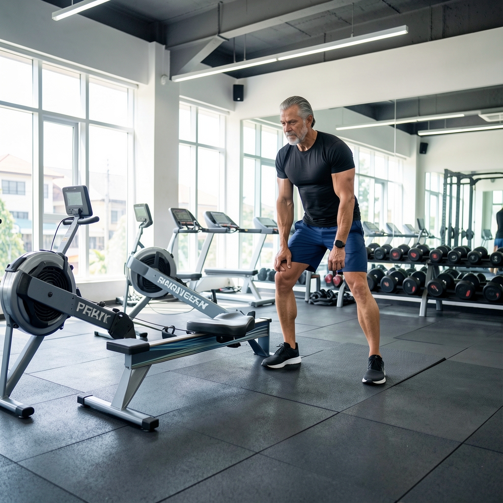 Bright functional training floor in Jakarta with rowing machine, free weights, and a mature athlete preparing for a session