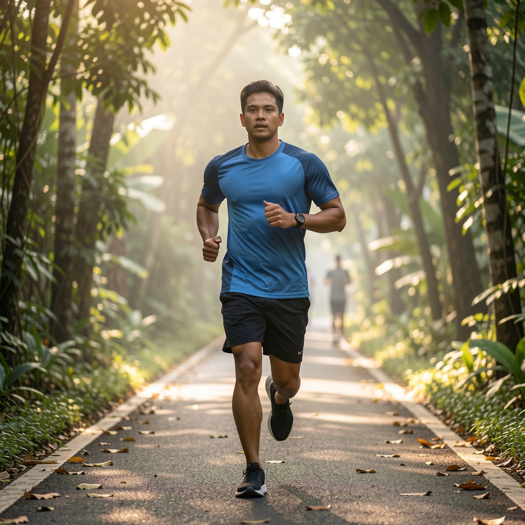 Mature Indonesian man completing an easy outdoor run along a leafy Jakarta pathway in early morning light