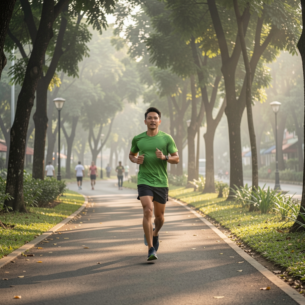 Mature Indonesian runner travelling at a conversational pace along a shaded Jakarta park route in early morning light