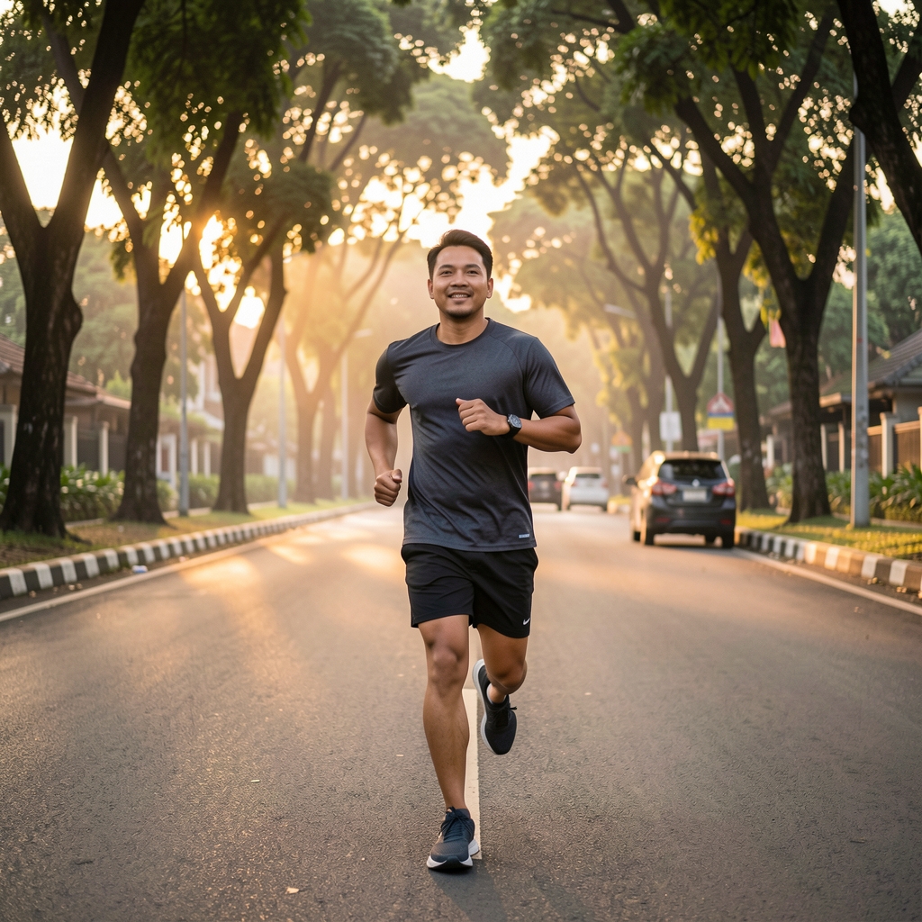 Mature Indonesian man running easily beside a tree-lined Jakarta road at dawn with relaxed posture