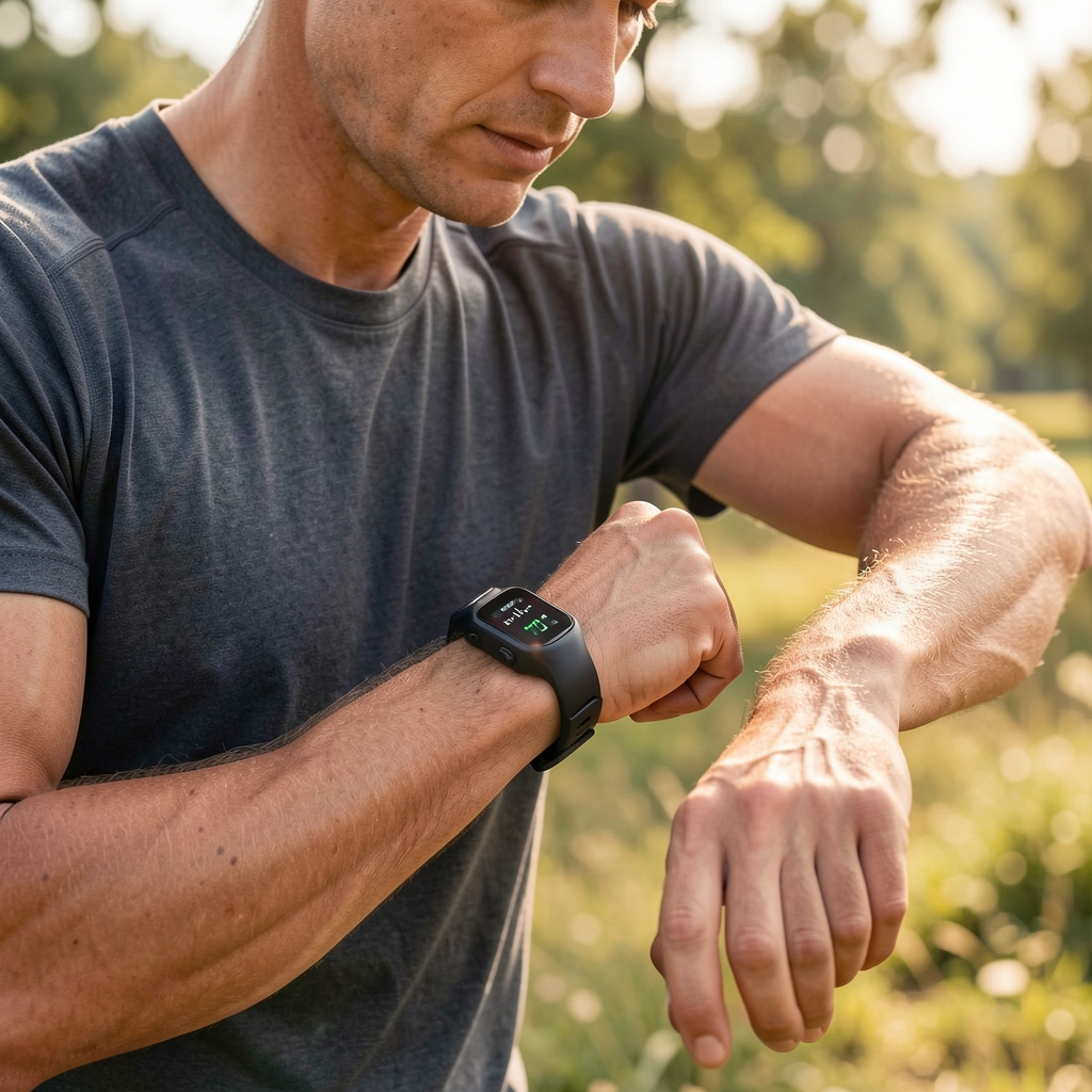 Close view of a runner checking heart-rate data on a sports watch after a steady outdoor session