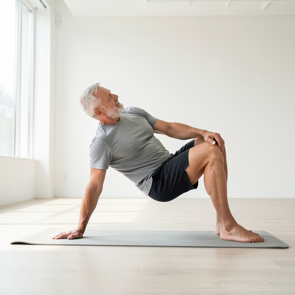 Mature male athlete practicing a controlled hip mobility sequence on a mat in a bright minimalist studio