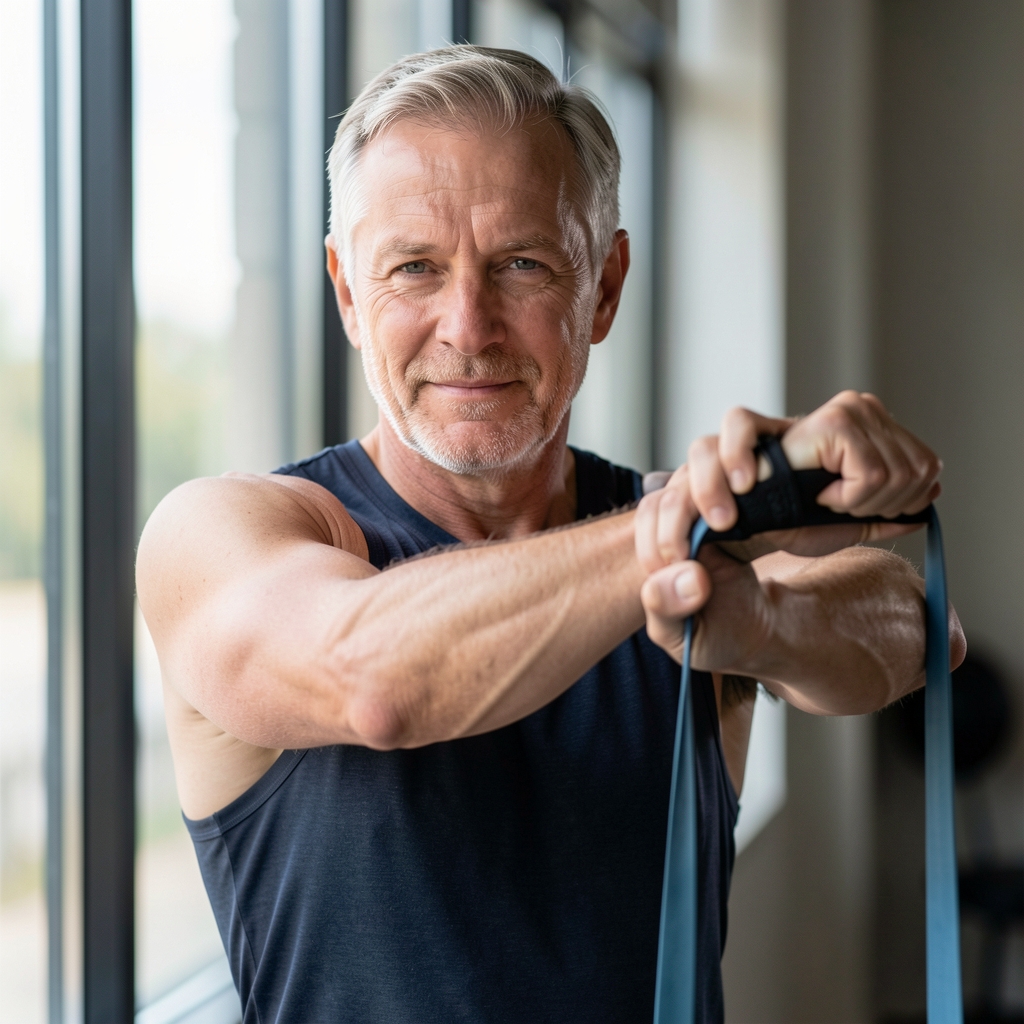 Close portrait of a mature athlete performing a gentle shoulder rotation with a resistance band near a studio window
