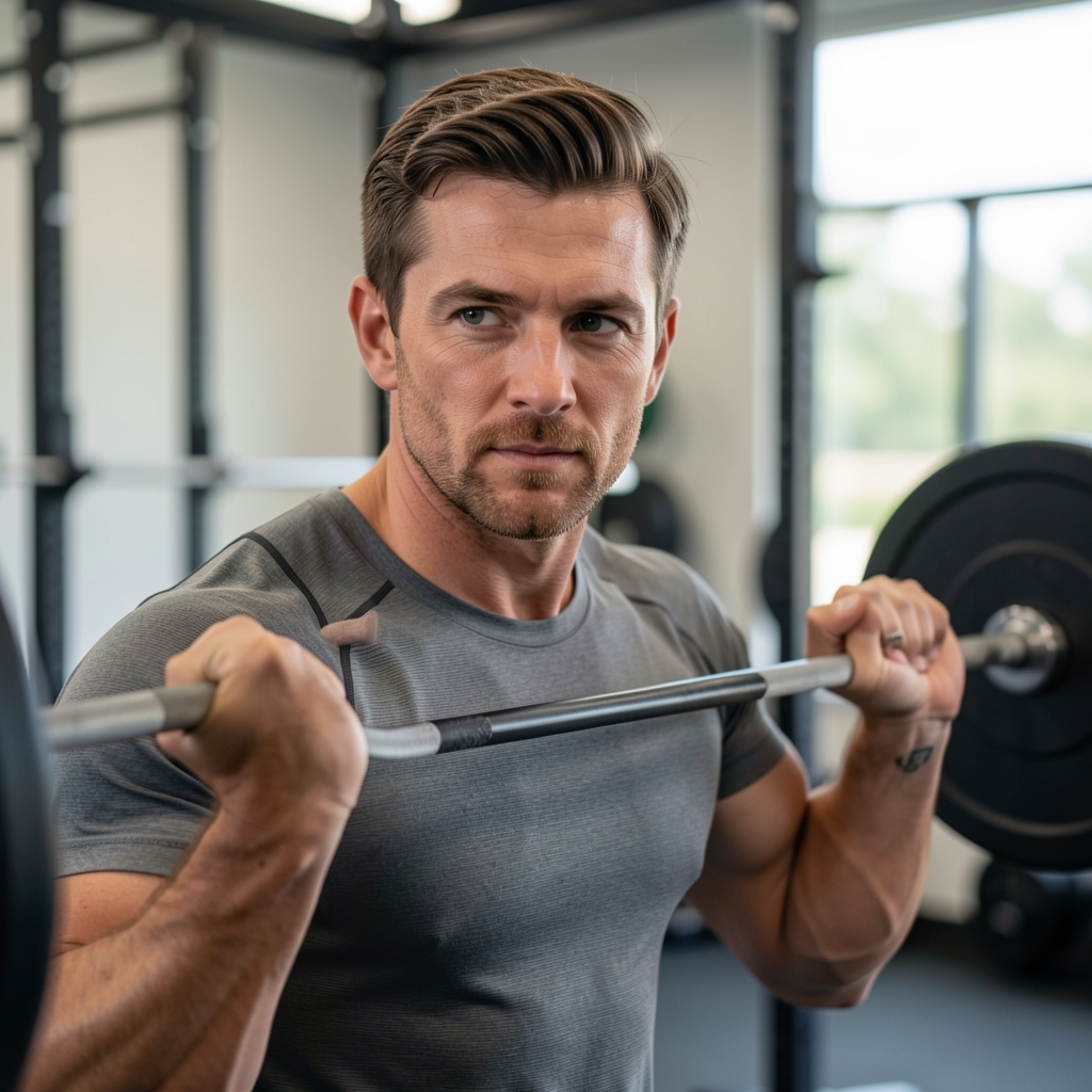 Coach observing an experienced male athlete during a technically precise barbell strength exercise in a clean training space