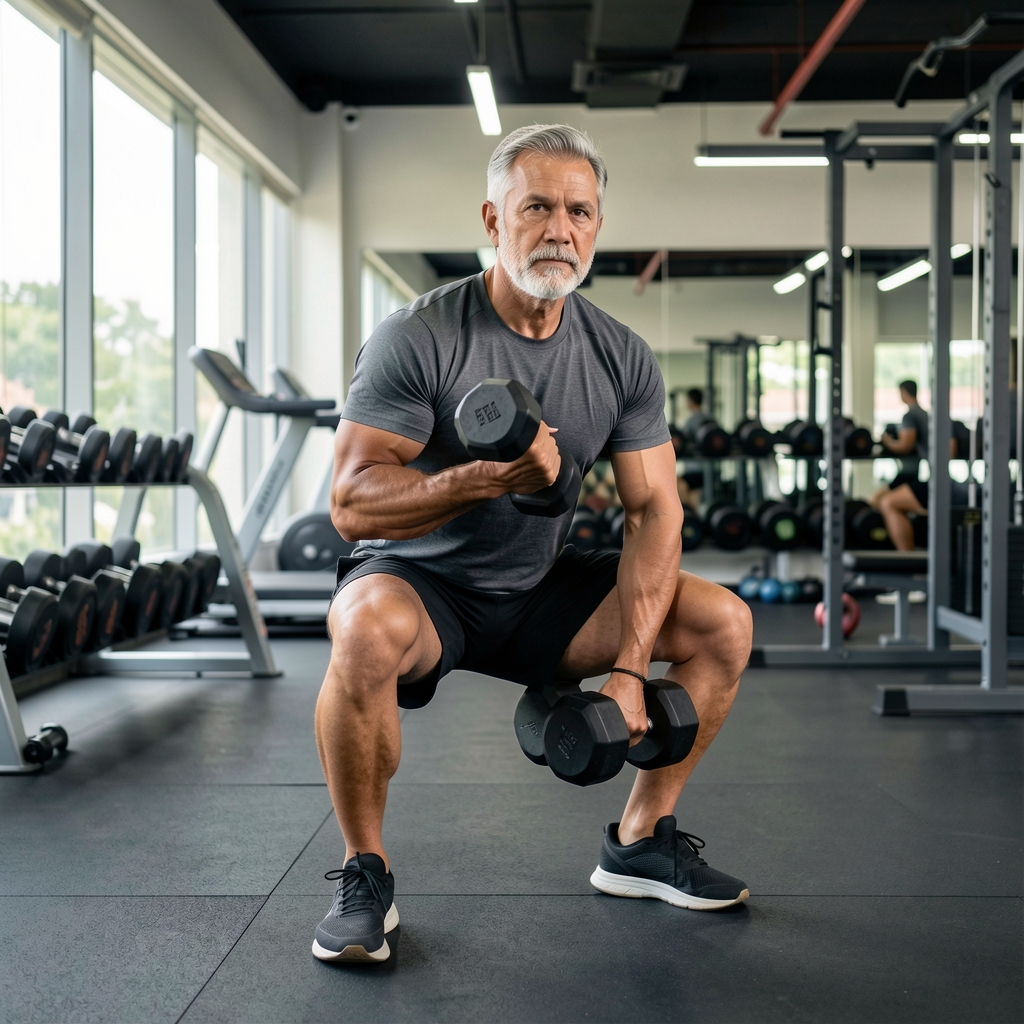 Mature male athlete performing a controlled dumbbell split squat in a well-lit Jakarta gym