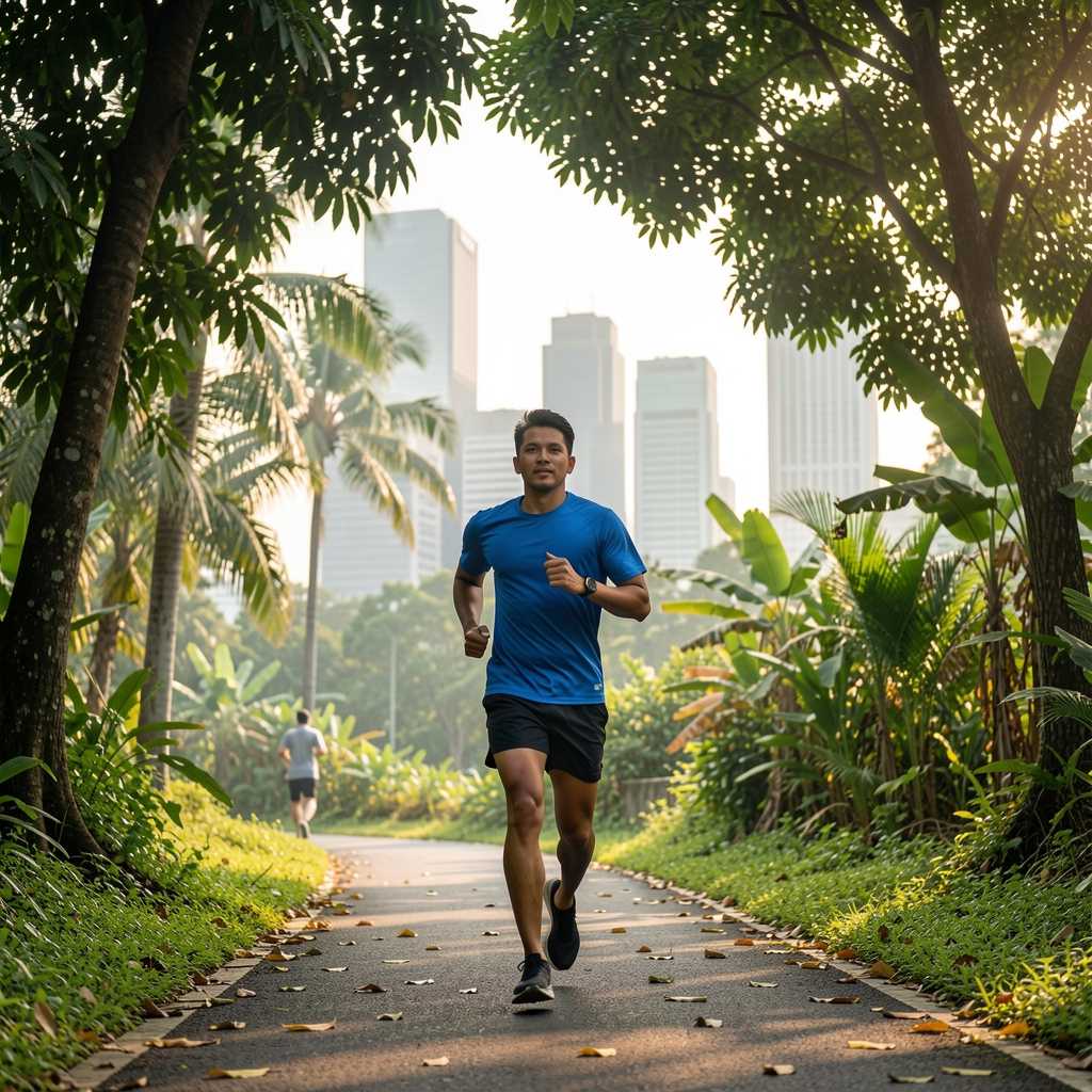 Mature Indonesian runner moving through a leafy Jakarta route while the morning city remains softly visible behind him