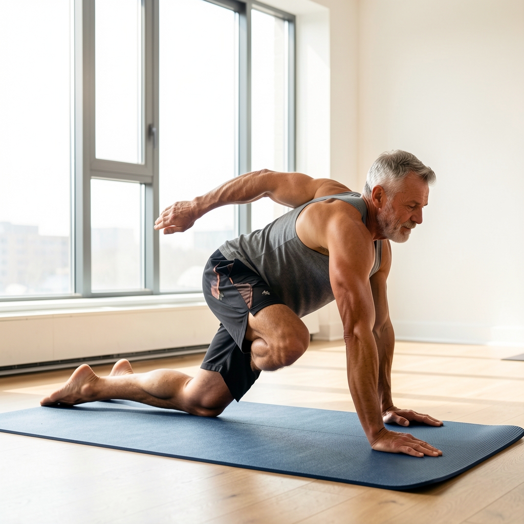 Mature male athlete practising a controlled mobility movement on a mat beside a bright studio window