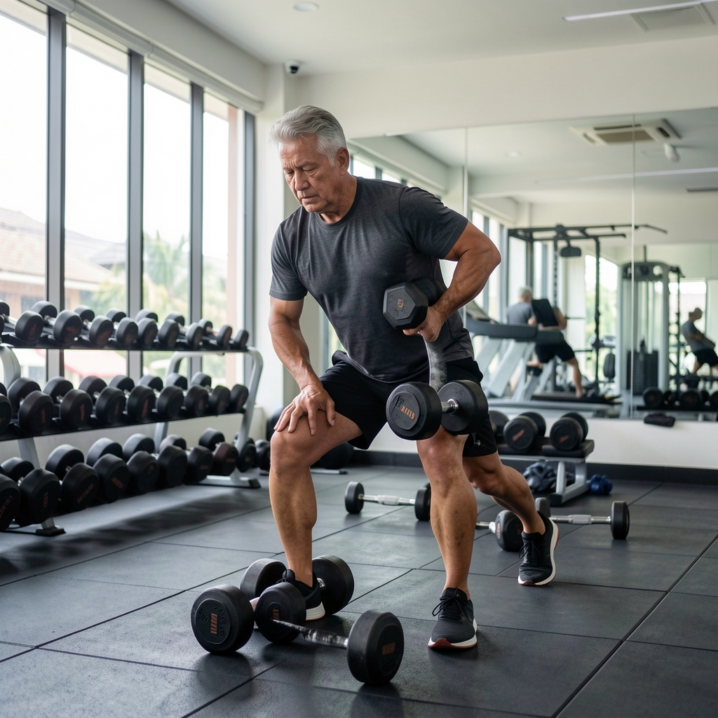 Mature athlete preparing a measured dumbbell session in a clean Jakarta gym with natural light and organised equipment