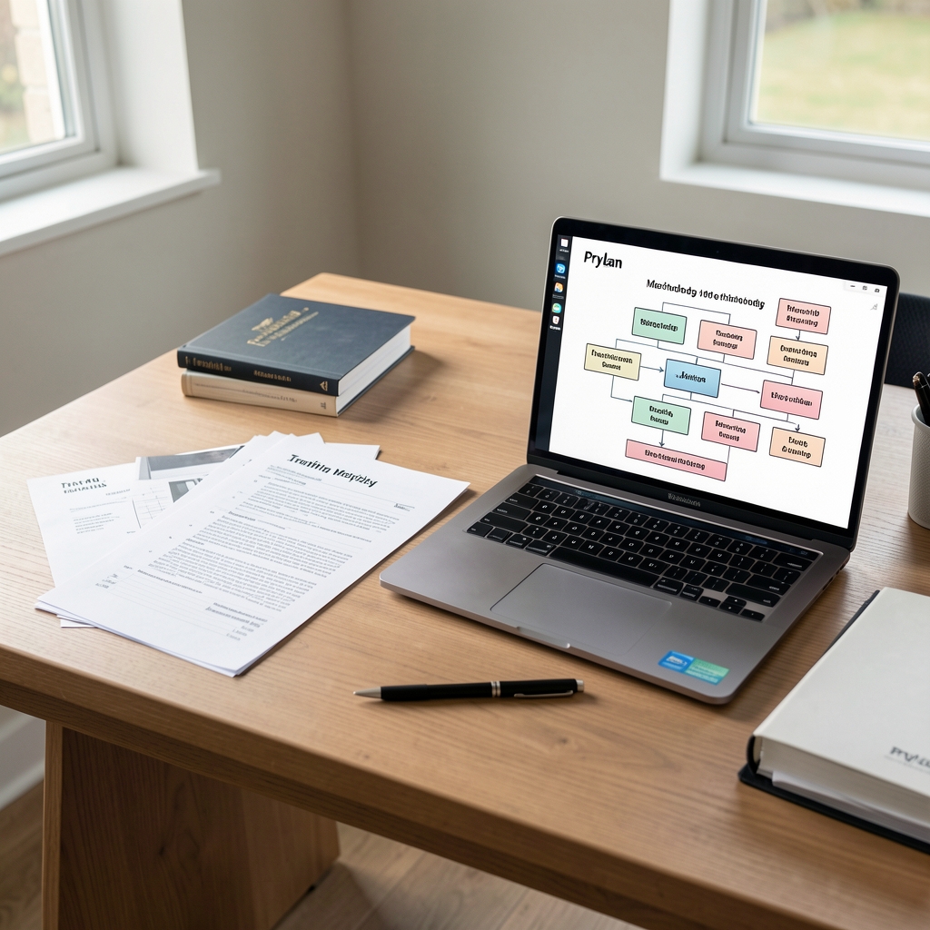 Prylan editorial desk with printed research notes, a training journal, and a laptop showing a structured methodology outline