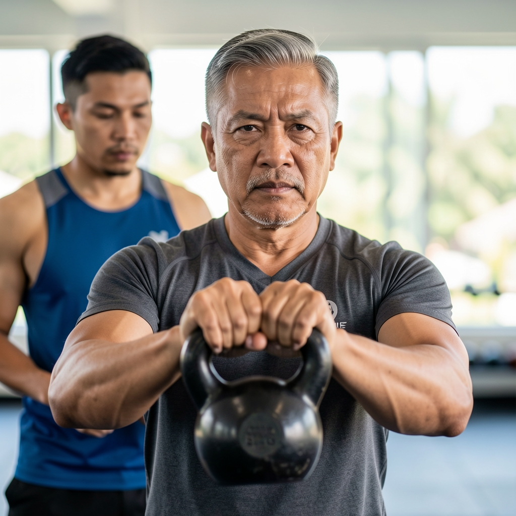 Mature male athlete performing a controlled kettlebell movement in a bright Jakarta training studio with a coach observing technique