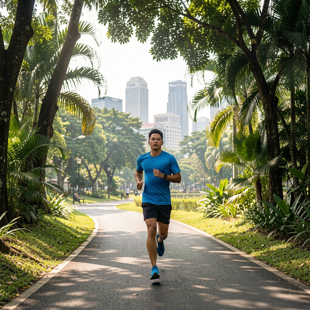 Mature Indonesian runner moving along a shaded Jakarta park route with tropical greenery and city architecture in the distance