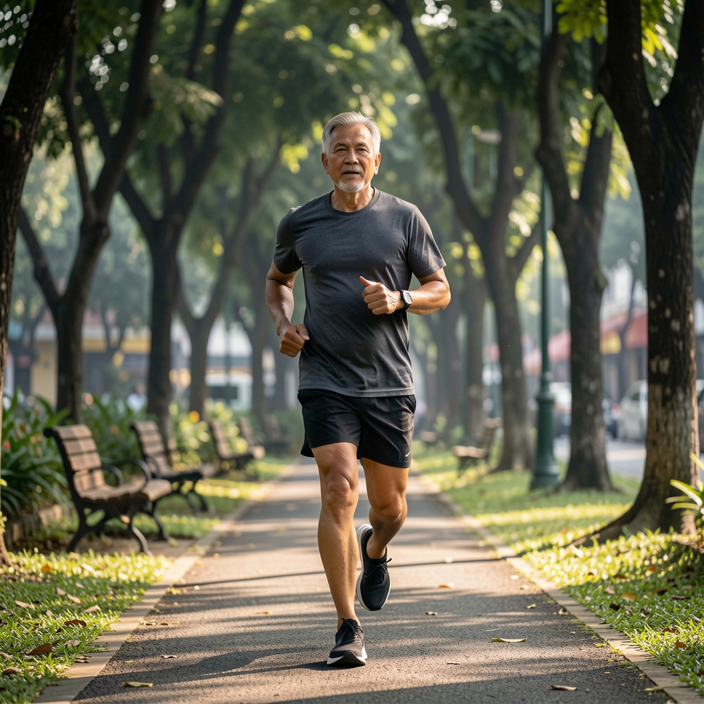 Mature runner moving through a shaded Jakarta park with relaxed stride and morning light