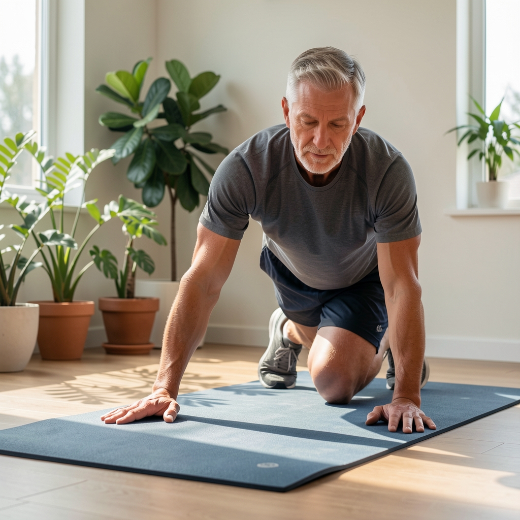 Mature male athlete completing a careful mobility drill on a studio mat beside plants and natural light
