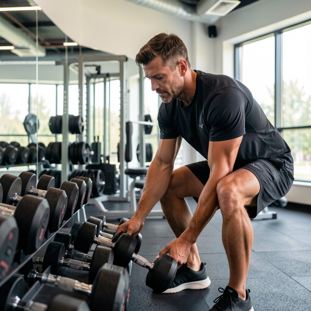 Experienced male athlete organizing dumbbells before a measured strength session in a modern training facility