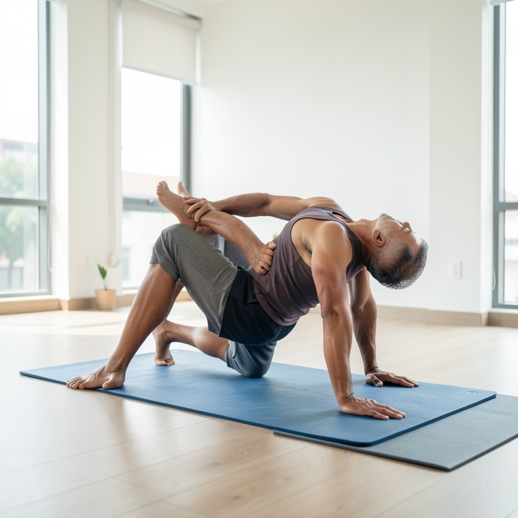 Mature male athlete performing a controlled hip mobility sequence on a mat in a bright Jakarta studio