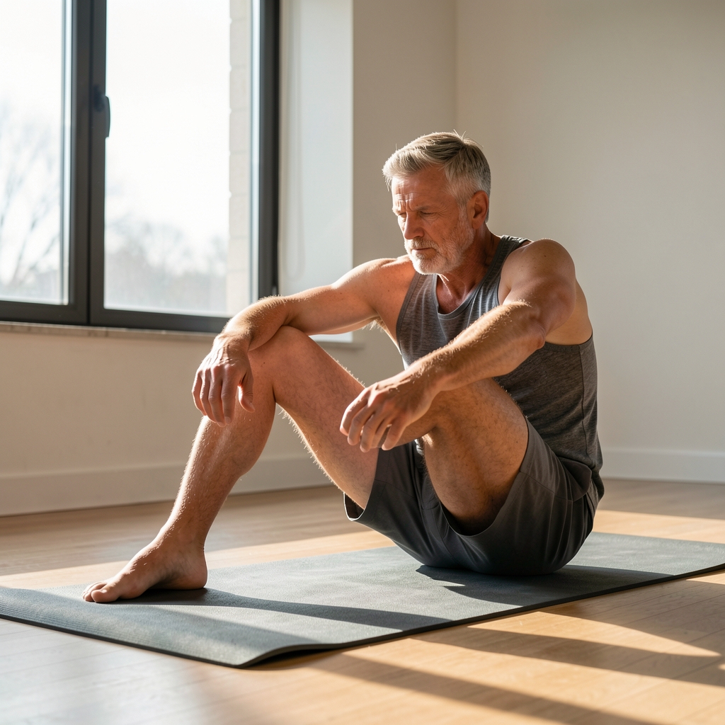Mature male athlete performing a focused hip mobility exercise on a mat beside a sunlit studio window