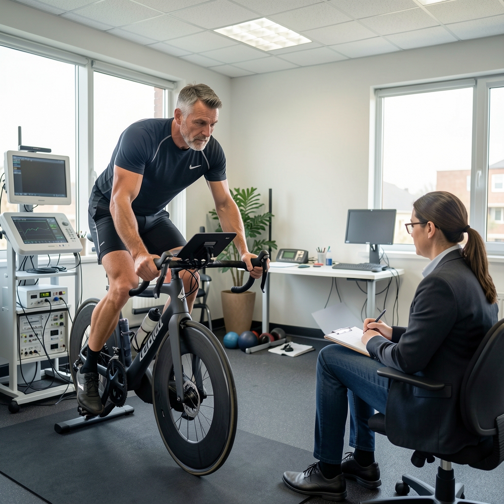 Sports physiology testing room with a mature male athlete cycling beside monitoring equipment and a specialist taking notes