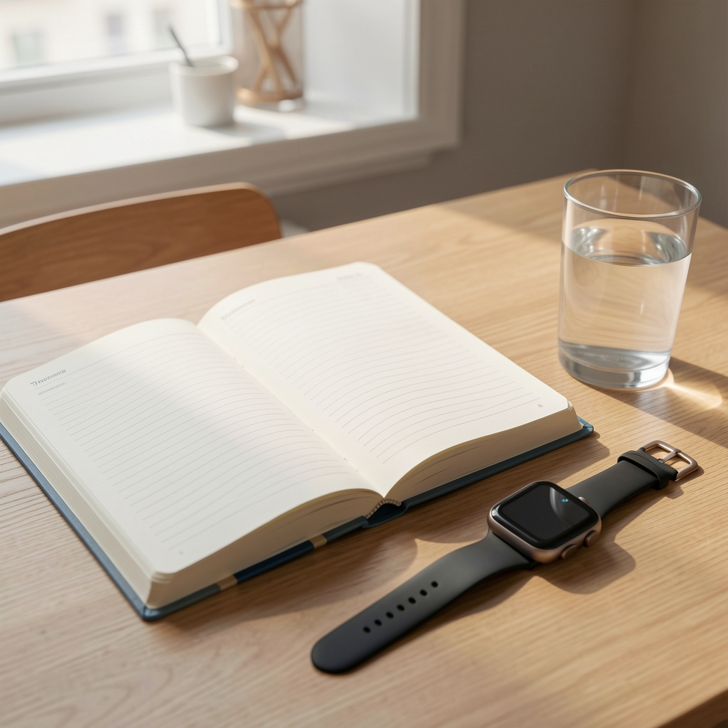 Open training journal beside a smartwatch and a glass of water on a calm wooden desk in morning light