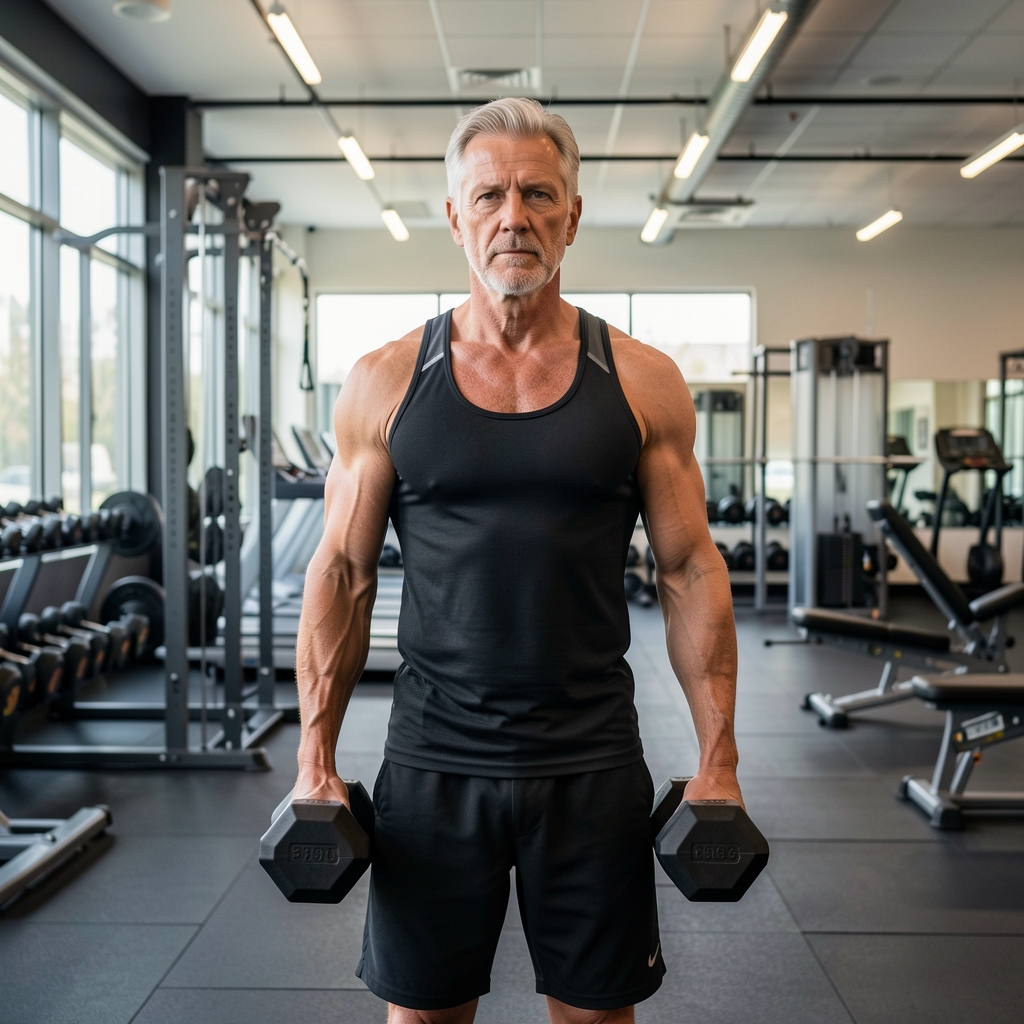 Mature athlete carrying two moderate dumbbells through a spacious gym while maintaining an upright posture
