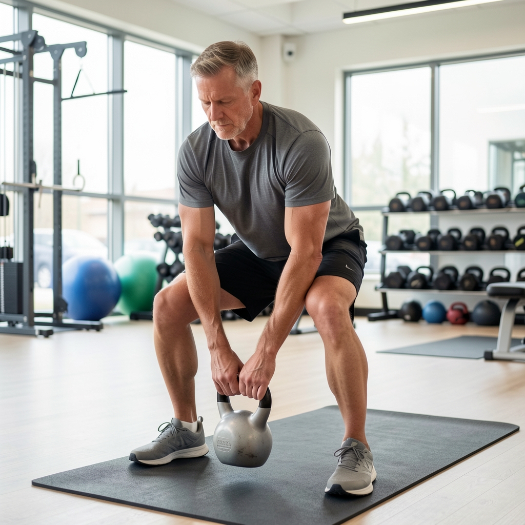 Mature male athlete practising a controlled hip hinge with a light kettlebell in a bright functional training studio