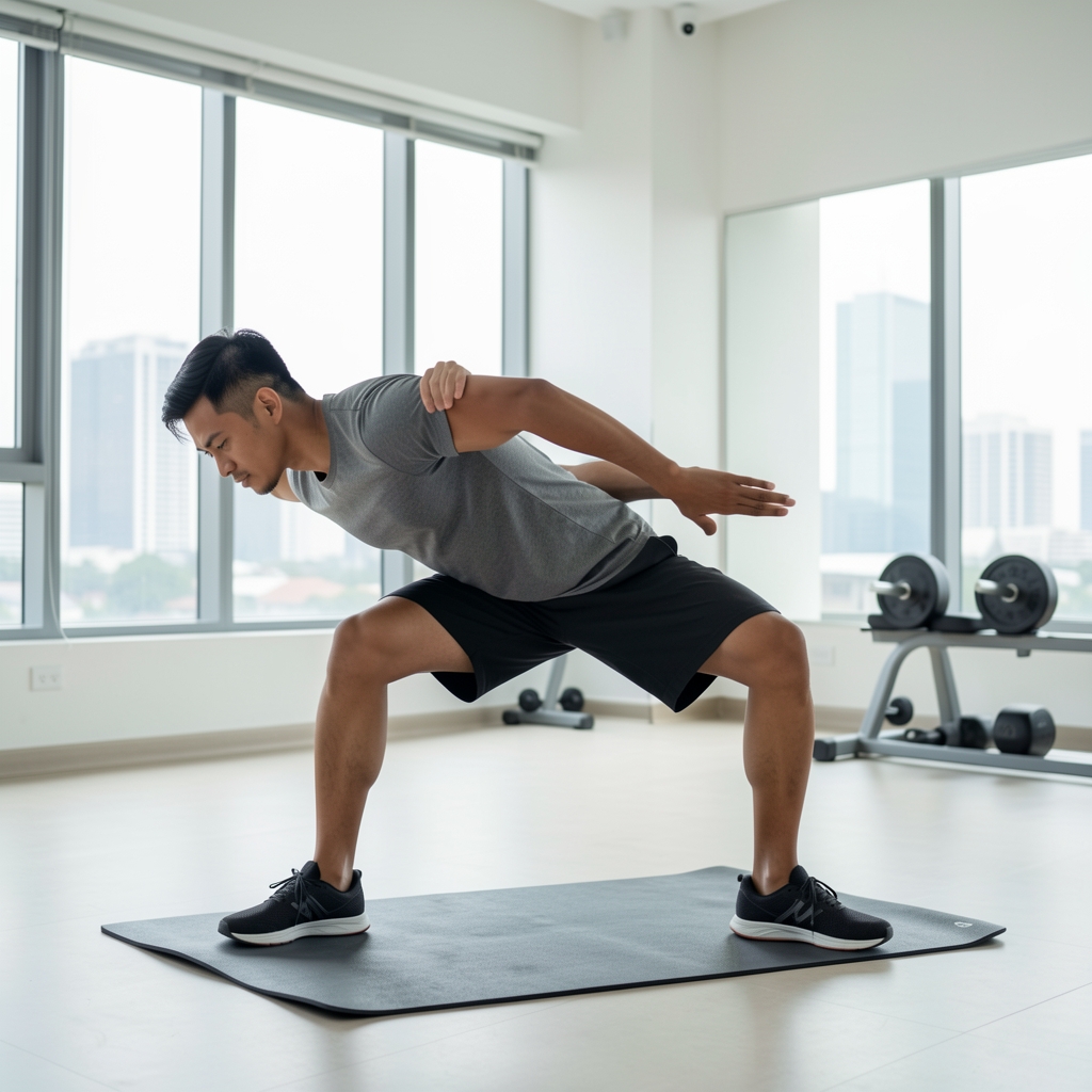 Indonesian male athlete completing a balanced strength exercise in a clean Jakarta studio with natural daylight