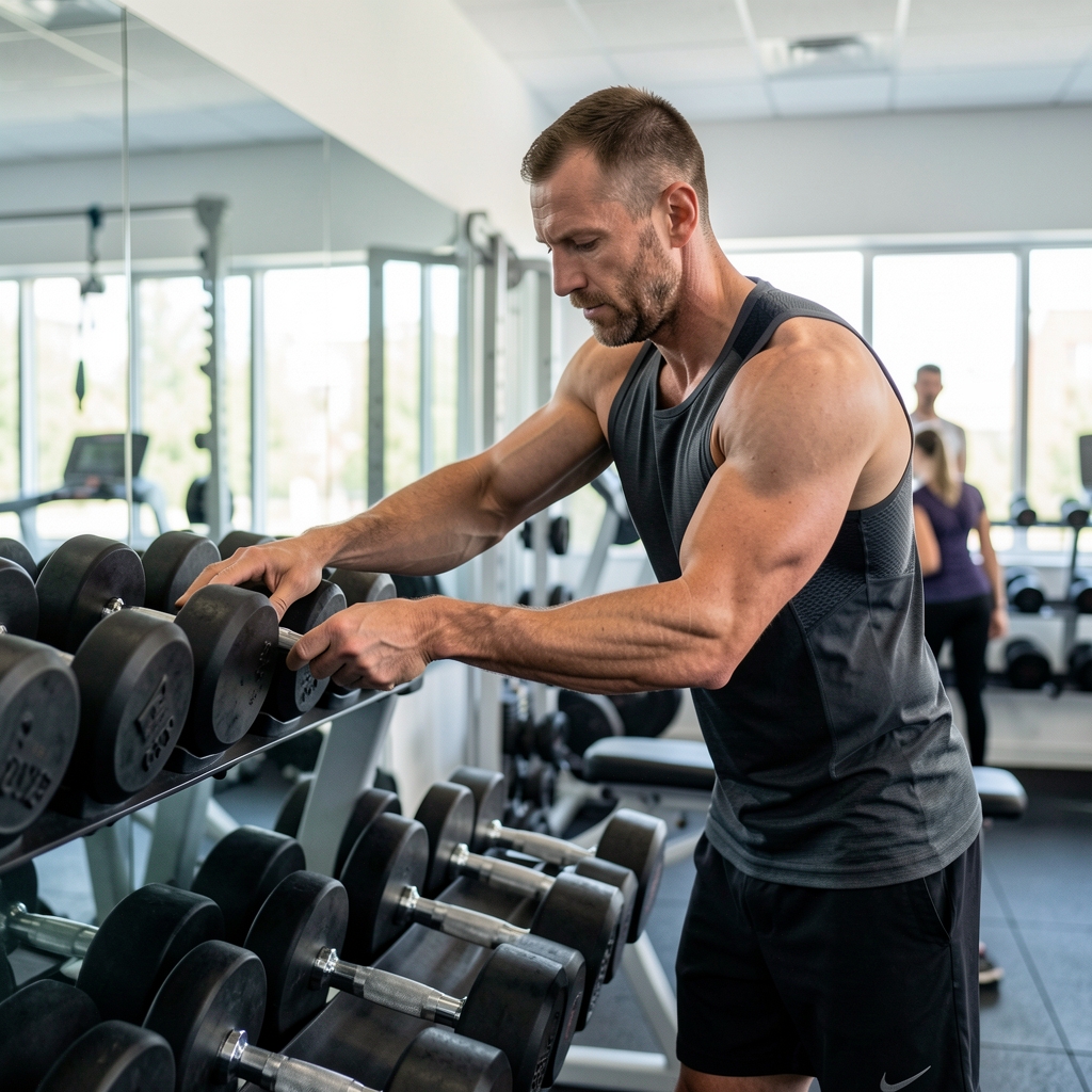 Close view of a mature athlete adjusting a dumbbell rack before a measured strength session in a clean gym