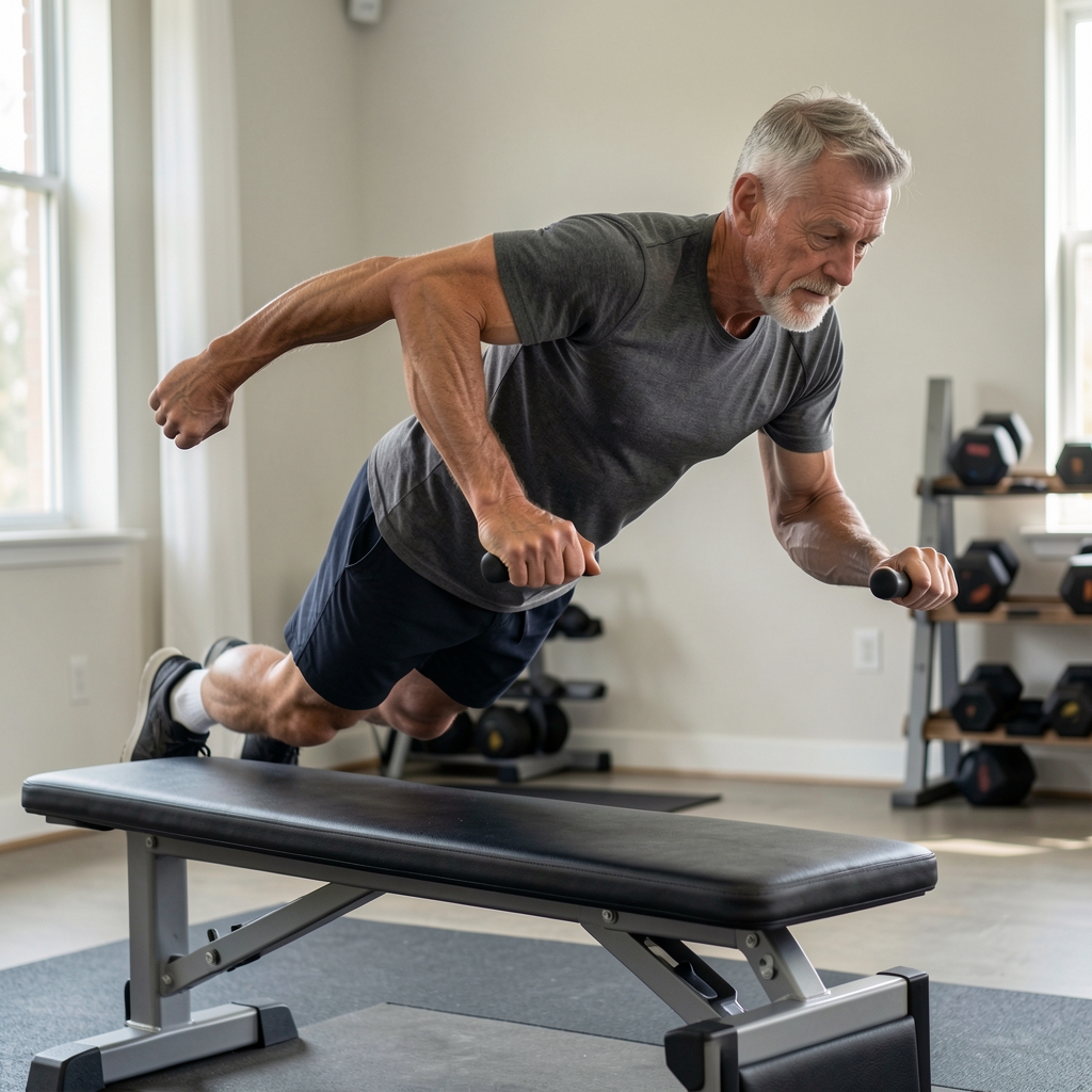 Mature man performing a careful elevated push exercise on a stable bench with neutral alignment and focused technique